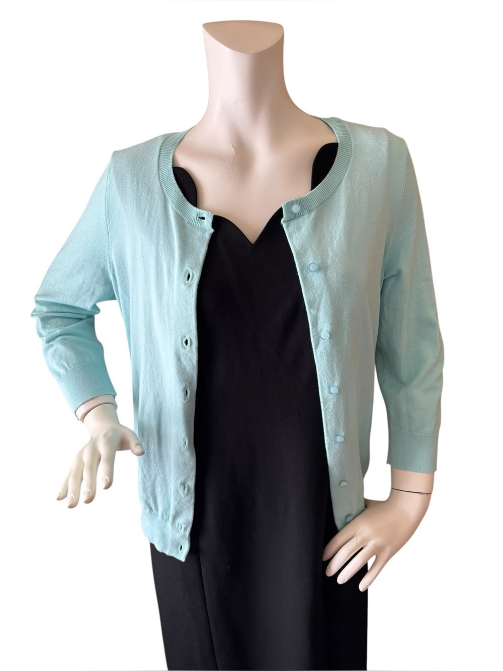 Talbots Blue Green Button-Front Pima Cotton Crewneck Cardigan, L